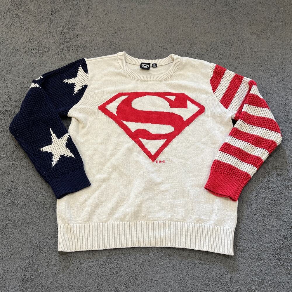 Mad Engine DC Comics Superman Cream Red Black Knit Crewneck Sweater Women's Sz S
